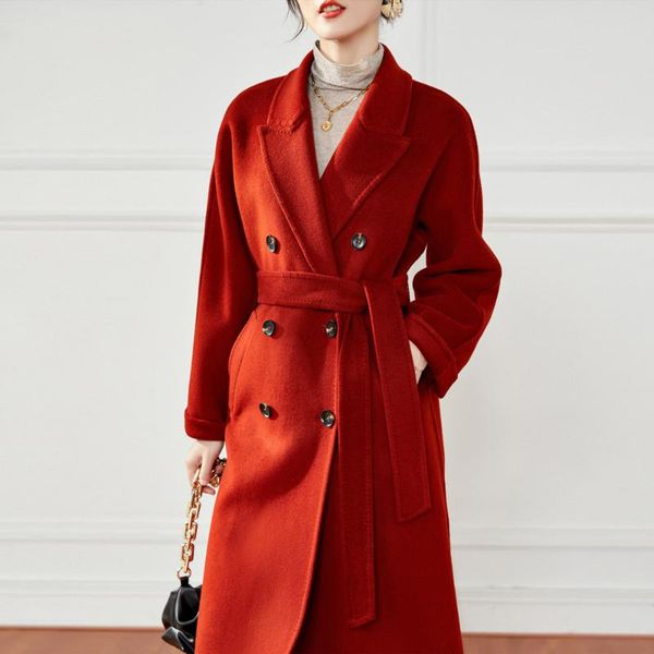 women's wool & blends vintage red double breasted coat cashmere max ma** winter women elegant belted long coats warm thicken outerwear, Black
women's wool & blends vintage red double breasted coat cashmere max ma** winter women elegant belted long coats warm thicken outerwear, Black