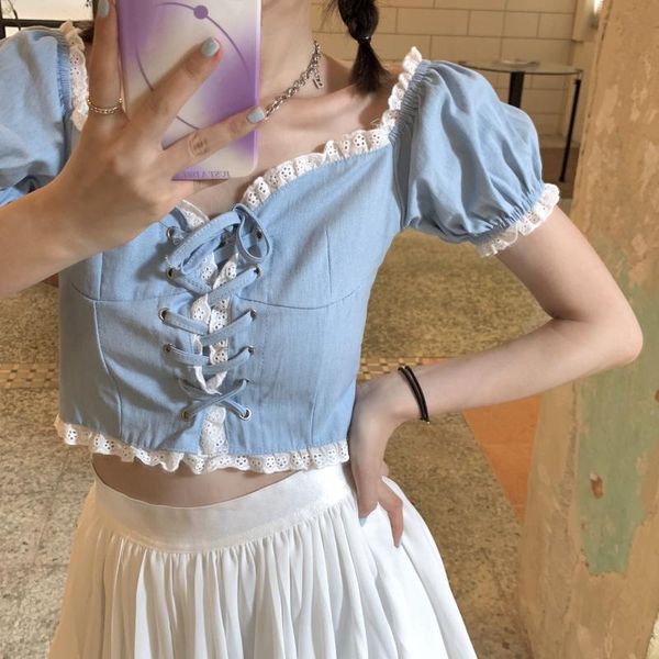 women's blouses & shirts preppy style summer korean women blouse shirt vintage v-neck sweet bandage design cute lace splicing puff slee, White
women's blouses & shirts preppy style summer korean women blouse shirt vintage v-neck sweet bandage design cute lace splicing puff slee, White