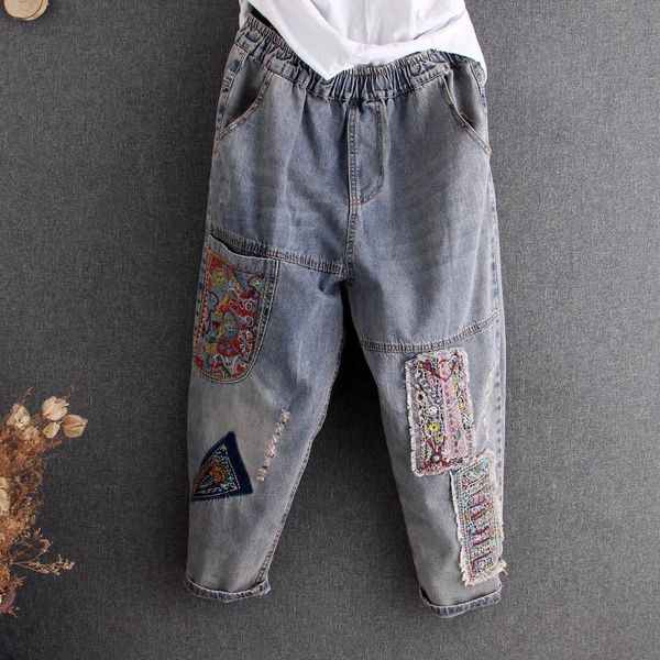 women's jeans plus size national wind embroidery ripped women denim harem pants jogger casual loose elastic waist trouser, Blue
women's jeans plus size national wind embroidery ripped women denim harem pants jogger casual loose elastic waist trouser, Blue