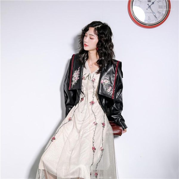 women's leather & faux chic floral embroidery perfecto femme jacket women autumn 2021 short vintage elegant long sleeve casual coat fem, Black
women's leather & faux chic floral embroidery perfecto femme jacket women autumn 2021 short vintage elegant long sleeve casual coat fem, Black