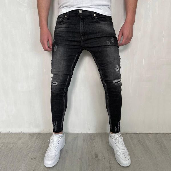 men's jeans men casual distressed ripped zipper open placket water milled feet woven trousers vintage streetwear denim pants, Blue
men's jeans men casual distressed ripped zipper open placket water milled feet woven trousers vintage streetwear denim pants, Blue