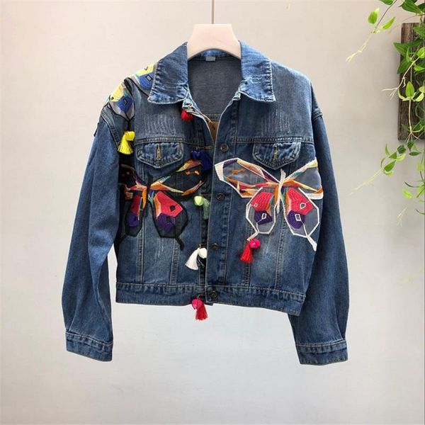 women's jackets 2021 autumn women denim jacket heavy industry embroidery applique butterfly jeans coats tassel short outerwear, Black;brown
women's jackets 2021 autumn women denim jacket heavy industry embroidery applique butterfly jeans coats tassel short outerwear, Black;brown