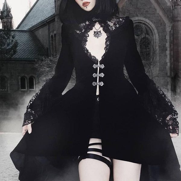 casual dresses black goth dress elegant lace patchwork long flare sleeve button embellished high low vestidos gothic medieval 2021, Black;gray
casual dresses black goth dress elegant lace patchwork long flare sleeve button embellished high low vestidos gothic medieval 2021, Black;gray