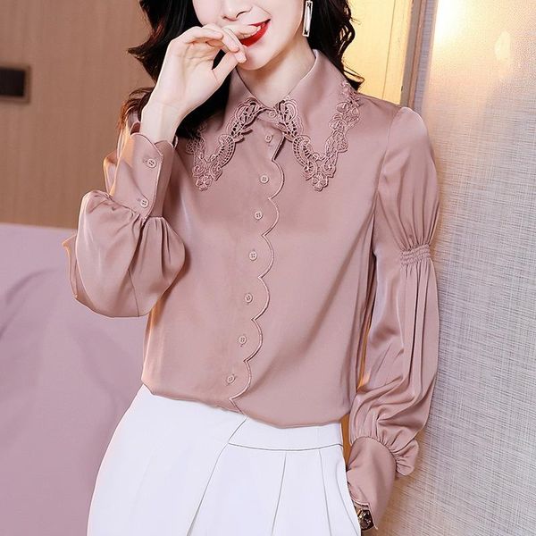women's blouses & shirts real silk satin shirt elegant hollow out lace patchwork turn-down collar long sleeve female vintage solid blou, White
women's blouses & shirts real silk satin shirt elegant hollow out lace patchwork turn-down collar long sleeve female vintage solid blou, White