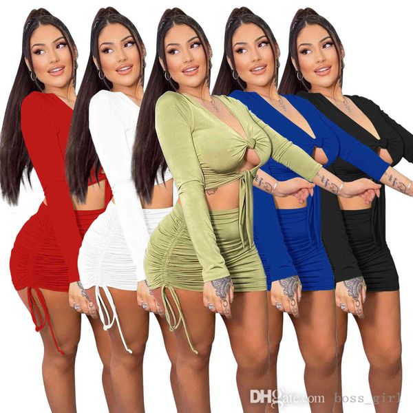 women two piece dress solid drawstring hip skirt sets fashion long sleeve pleated suit, White
women two piece dress solid drawstring hip skirt sets fashion long sleeve pleated suit, White