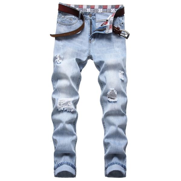 men's jeans 2021 autumn spring ripped street hip hop punk stretch bike trendy holes straight denim trouers sn9t, Blue 
men's jeans 2021 autumn spring ripped street hip hop punk stretch bike trendy holes straight denim trouers sn9t, Blue