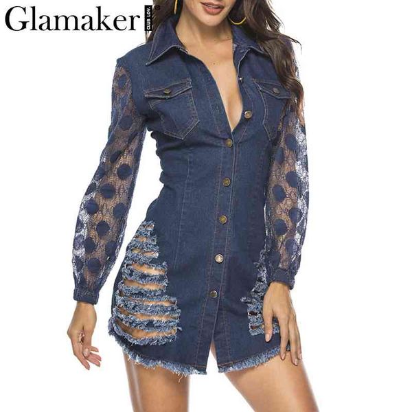 glamaker denim transparent hole summer shirt women dress spring button party mini dress female casual short elegant dress 210414, Black;gray 
glamaker denim transparent hole summer shirt women dress spring button party mini dress female casual short elegant dress 210414, Black;gray