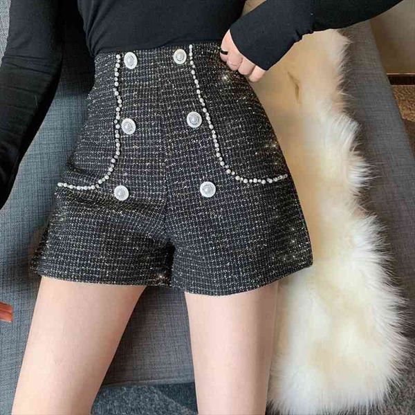 plaid spring autumn high waist women shorts tweed all match, White;black