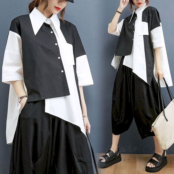 women's t-shirt womens suit loose two-piece stitching short-sleeved buttoned irregular wide-leg pants fashion s summer vkzl, White
women's t-shirt womens suit loose two-piece stitching short-sleeved buttoned irregular wide-leg pants fashion s summer vkzl, White