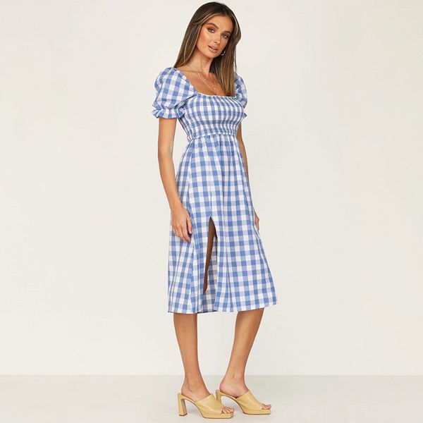 casual dresses summer fashion women square collar plaid elastic waist split short sleeve slim dress ea8j, Black;gray
casual dresses summer fashion women square collar plaid elastic waist split short sleeve slim dress ea8j, Black;gray
