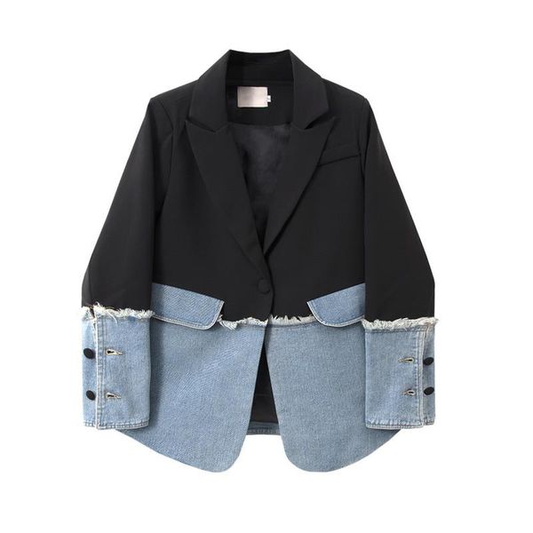 women's suits & blazers 2021 autumn denim stitching irregular suit women black loose long sleeve single breasted blazer female fashion, White;black
women's suits & blazers 2021 autumn denim stitching irregular suit women black loose long sleeve single breasted blazer female fashion, White;black