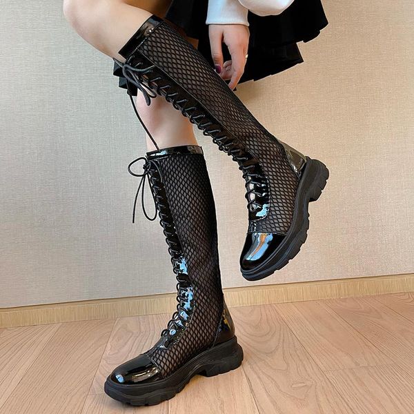 fashion trend shoes woman heels genuine leather chunky summer boots for women back zipper knee high, Black