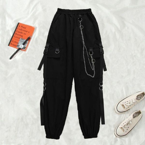 

women's pants & capris emo cargo women punk rock streetwear harajuku joggers chain trousers woman, Black;white