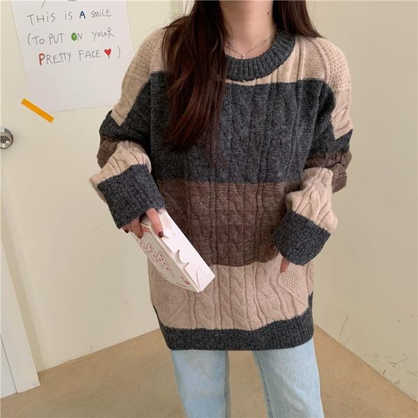 women's sweaters 2021 autumn and winter korean version of loose stripes lazy wind thickened knit sweater jacket women, White;black
women's sweaters 2021 autumn and winter korean version of loose stripes lazy wind thickened knit sweater jacket women, White;black