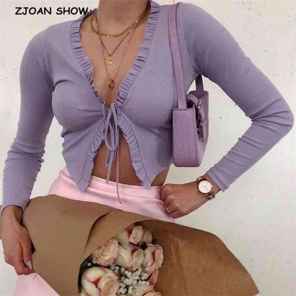 french wood ears v neck lacing up strappy knitted ruffles cardigan sweater retro woman long sleeve short jumper 210429, White;black
french wood ears v neck lacing up strappy knitted ruffles cardigan sweater retro woman long sleeve short jumper 210429, White;black