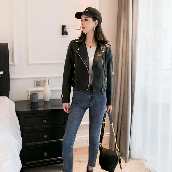women's leather & faux ly varey lin 2021 spring autumn women slim soft punk jacket turn-down collar pocket zipper casual short outwear, Black
women's leather & faux ly varey lin 2021 spring autumn women slim soft punk jacket turn-down collar pocket zipper casual short outwear, Black