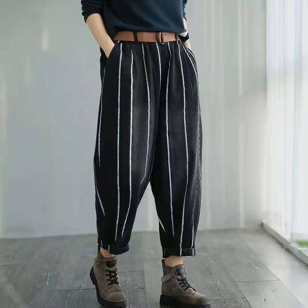 women's pants & capris 2021 spring arts style women loose casual striped cotton denim ankle-length elastic waist harem jeans w290 aeqq, Black;white
women's pants & capris 2021 spring arts style women loose casual striped cotton denim ankle-length elastic waist harem jeans w290 aeqq, Black;white