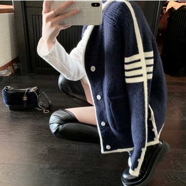 tb british style lapel four bar cardigan coat men's and women's hong kong color contrast stripe casual sweater, White
tb british style lapel four bar cardigan coat men's and women's hong kong color contrast stripe casual sweater, White