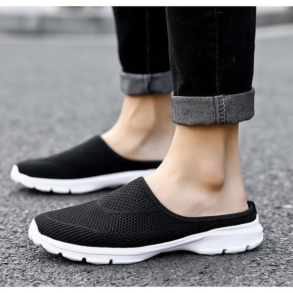 sandals fashion womens summer flat sandalies mule shoes flats mesh half slippers canvas sneakers woman, Black