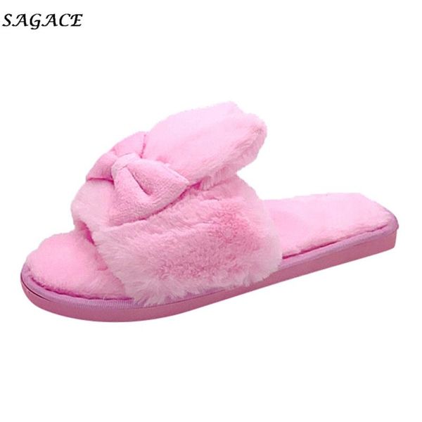 slippers sagace shoes 2021 autumn winter women men home warm girls flock flat cotton rabbits ears bow open toe, Black