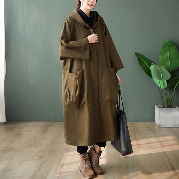 johnature women vintage hooded plus size trench button solid color coats autumn poockets casual loose female trench 210521, Tan;black
johnature women vintage hooded plus size trench button solid color coats autumn poockets casual loose female trench 210521, Tan;black