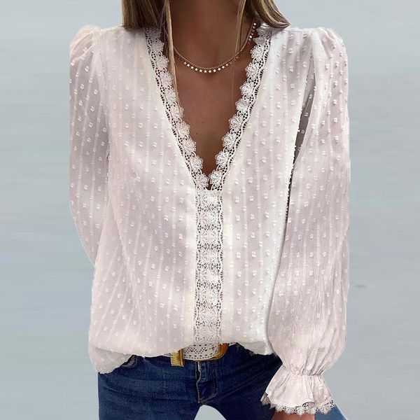 women's blouses & shirts elegant embroidery lace loose pullover casual v-neck women chiffon autumn long-sleeved solid shirt streetwear, White
women's blouses & shirts elegant embroidery lace loose pullover casual v-neck women chiffon autumn long-sleeved solid shirt streetwear, White