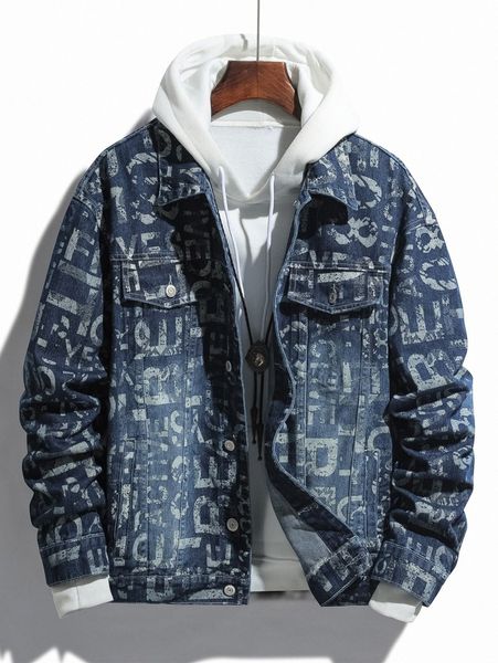 men random letter graphic denim jacket without hoodie t4pq#, Blue