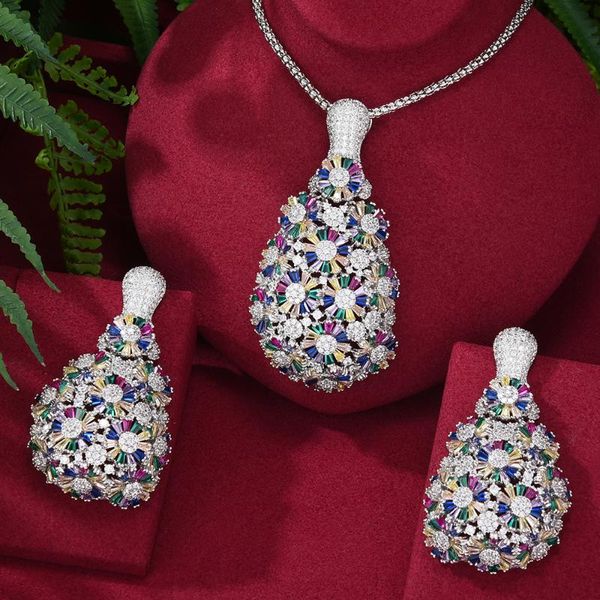 earrings & necklace noble dubai women wedding big drop pendant jewelry set fine super cz design fashion accessories, Silver 
earrings & necklace noble dubai women wedding big drop pendant jewelry set fine super cz design fashion accessories, Silver