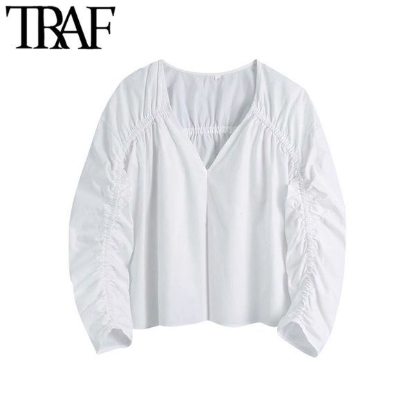 women fashion with gathering cropped white blouses vintage v neck three quarter sleeve female shirts chic 210507
women fashion with gathering cropped white blouses vintage v neck three quarter sleeve female shirts chic 210507