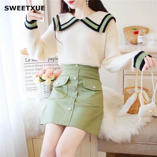 two piece dress sweetxue 2 skirt set korean style women fall winter clothes doll collar knitted sweater pu mini outfits, White
two piece dress sweetxue 2 skirt set korean style women fall winter clothes doll collar knitted sweater pu mini outfits, White