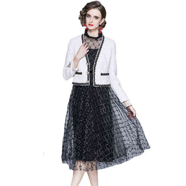 2021 autumn and winter temperament small fragrance v-neck coat + heavy industry bead diamond lattice mesh dress two-piece set, Black;gray
2021 autumn and winter temperament small fragrance v-neck coat + heavy industry bead diamond lattice mesh dress two-piece set, Black;gray