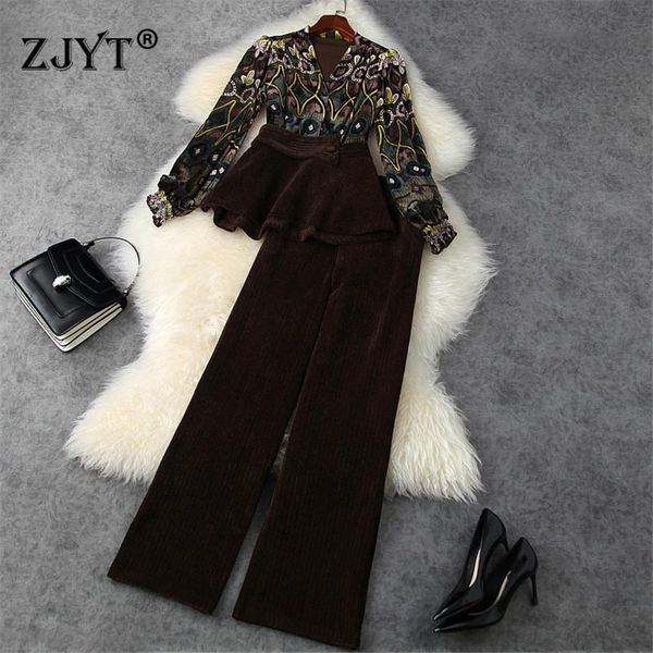 women's two piece pants autumn winter elegant office lady 2piece set women runway fashion vintage print velvet and trousers suit party, White
women's two piece pants autumn winter elegant office lady 2piece set women runway fashion vintage print velvet and trousers suit party, White
