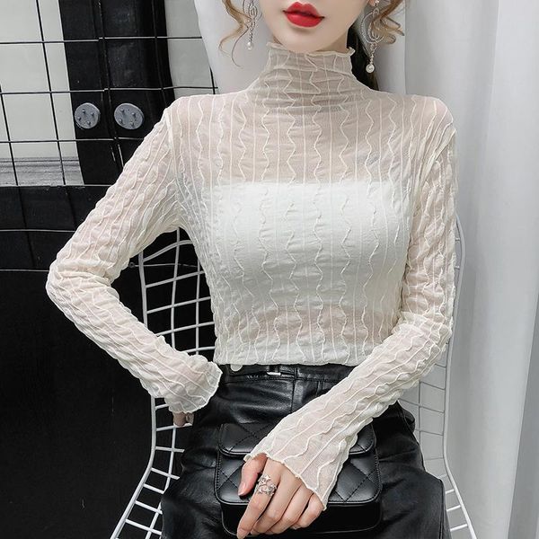women's t-shirt 2021 spring long sleeve mesh fashion casual turtleneck solid color lace elegant slim plus size tshirt, White
women's t-shirt 2021 spring long sleeve mesh fashion casual turtleneck solid color lace elegant slim plus size tshirt, White