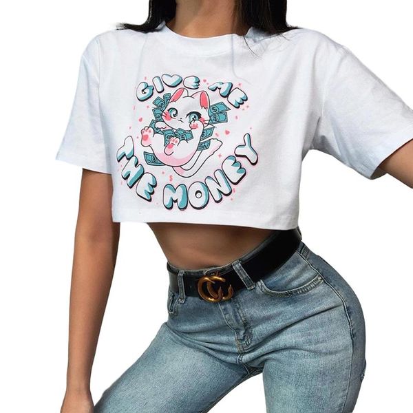 women's t-shirt woman cartoon print crop short sleeve round neck summer slim clothes, White
women's t-shirt woman cartoon print crop short sleeve round neck summer slim clothes, White