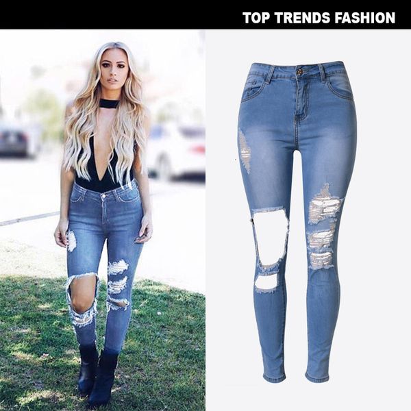 women's high waist slim fit elastic personality washing holes irregular denim leggings large, Blue 
women's high waist slim fit elastic personality washing holes irregular denim leggings large, Blue