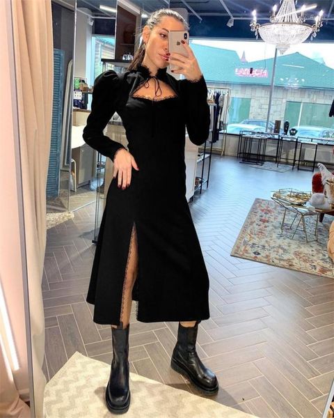 elegant solid women dresses stand neck puff sleeve hollow out skinny side high split mid-calf dress for nightclub party autumn, Black;gray
elegant solid women dresses stand neck puff sleeve hollow out skinny side high split mid-calf dress for nightclub party autumn, Black;gray