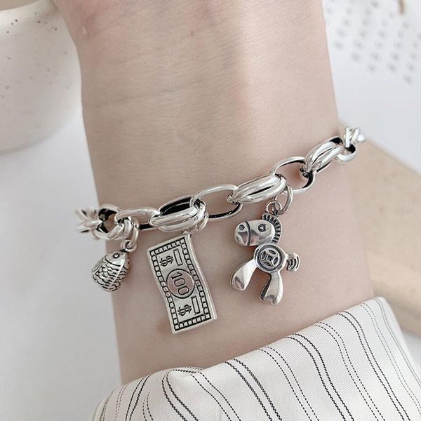 link, chain livvy vintage thai silver color horse dollar fish head pendant bracelet fashion refinement temperament jewelry, Black
link, chain livvy vintage thai silver color horse dollar fish head pendant bracelet fashion refinement temperament jewelry, Black