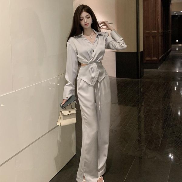 women's two piece pants 2021 early autumn clothing vintage irregular buckle shirt korean style high waist loose wide leg matching sets, White
women's two piece pants 2021 early autumn clothing vintage irregular buckle shirt korean style high waist loose wide leg matching sets, White