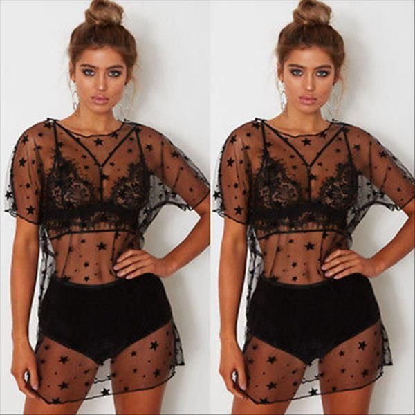 sale polyester see through womens blouses short sleeve beachwear fashion black meshshort blouse round neck, White
sale polyester see through womens blouses short sleeve beachwear fashion black meshshort blouse round neck, White