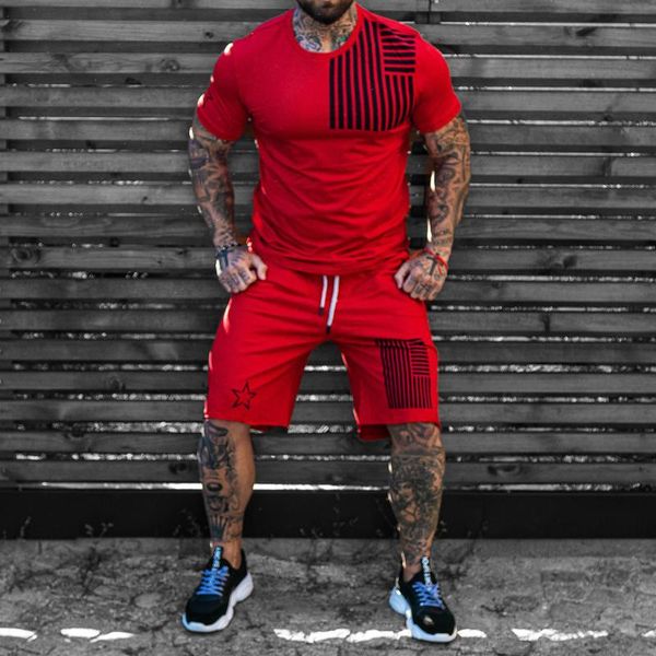 men's tracksuits trend t-shirt suit summer leisure sports line short sleeve two piece set, Gray 
men's tracksuits trend t-shirt suit summer leisure sports line short sleeve two piece set, Gray