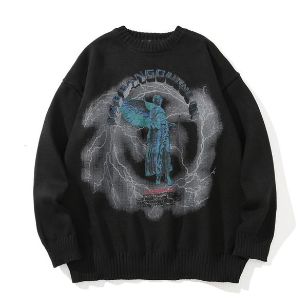 men's sweaters knitted hip-hop sweater with lightning pattern and angel, casual autumn/winter jacket, 12w1, White;black 
men's sweaters knitted hip-hop sweater with lightning pattern and angel, casual autumn/winter jacket, 12w1, White;black