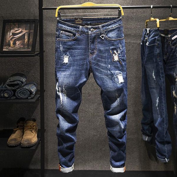 men's jeans mens slim fit pants stretch skinny ankle length ripped denim trousers, Blue
men's jeans mens slim fit pants stretch skinny ankle length ripped denim trousers, Blue