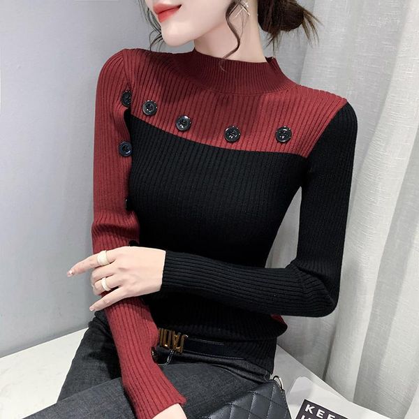 women's sweaters fall winter korean style knitted sweater chic contrast color patchwork mock neck button women female, White;black
women's sweaters fall winter korean style knitted sweater chic contrast color patchwork mock neck button women female, White;black