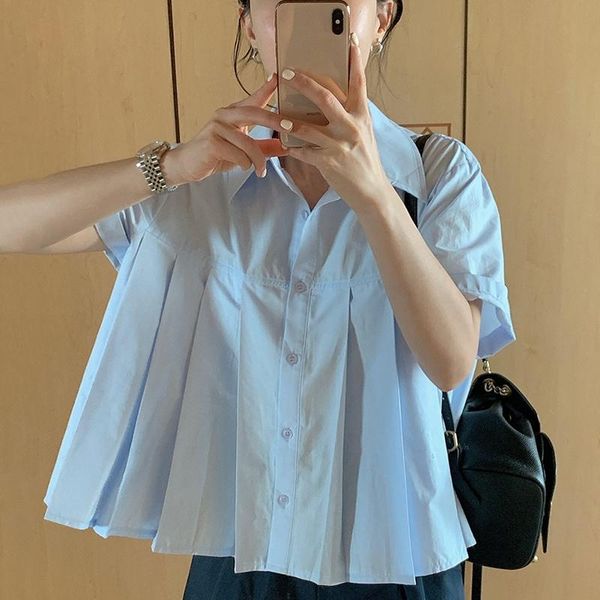 women's blouses & shirts korean chic summer gentle lapel single-breasted pleated design loose short-sleeved doll shirt women, White
women's blouses & shirts korean chic summer gentle lapel single-breasted pleated design loose short-sleeved doll shirt women, White