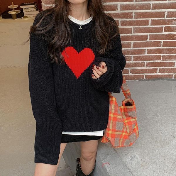 women's sweaters 2021 heart print sweater autumn and winter warm pullover korean casual retro black/white/brown women thick top, White;black
women's sweaters 2021 heart print sweater autumn and winter warm pullover korean casual retro black/white/brown women thick top, White;black
