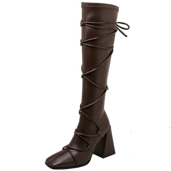 boots square toe knee high cross tied heels female 2021 winter est genuine leather night club party shoes woman, Black 
boots square toe knee high cross tied heels female 2021 winter est genuine leather night club party shoes woman, Black