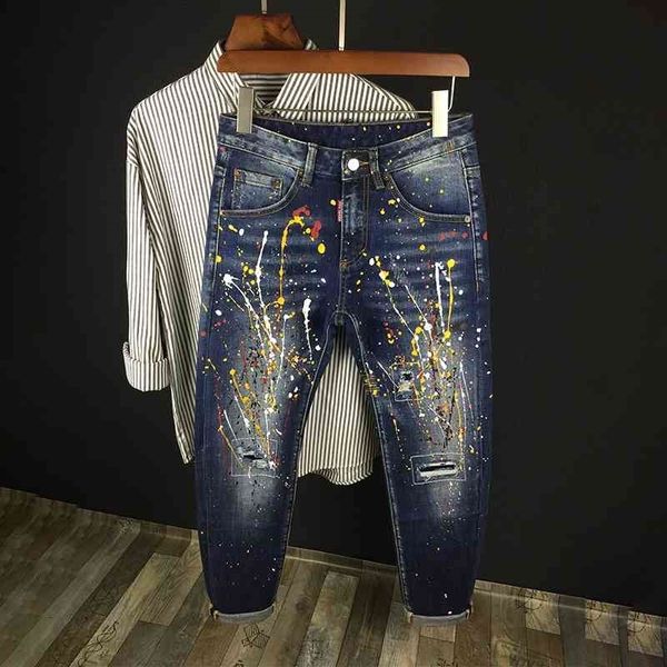 jeans italian style fashion men jeans elastic cotton slim fit ripped denim hip hop pants painted designer punk trousers, Blue
jeans italian style fashion men jeans elastic cotton slim fit ripped denim hip hop pants painted designer punk trousers, Blue