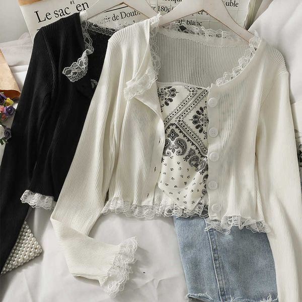women's suit lace stitching short single-breasted long-sleeved thin knit with printed sling apron 210709, White;black
women's suit lace stitching short single-breasted long-sleeved thin knit with printed sling apron 210709, White;black