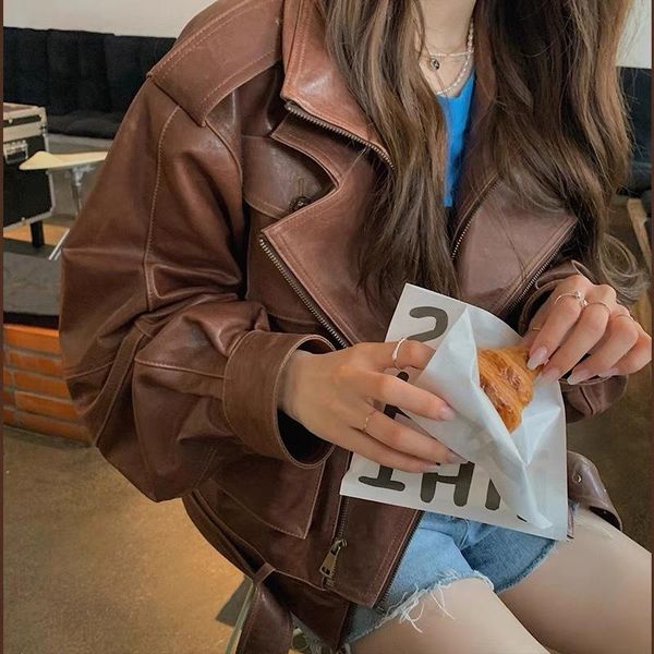 women's leather & faux autumn winter 2021 vintage thick pu jacket for women fashion lapel pocket short motorcycle biker, Black
women's leather & faux autumn winter 2021 vintage thick pu jacket for women fashion lapel pocket short motorcycle biker, Black