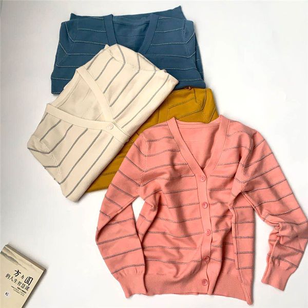 autumn winter striped knitted cardigans sweater women v-neck casual bright silk 210520, White
autumn winter striped knitted cardigans sweater women v-neck casual bright silk 210520, White